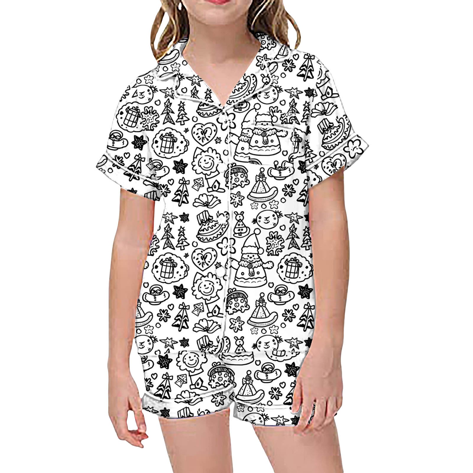 Pyjamas Familiaux Assortis à Colorier Soi-même - Motifs Dessin Animé - 2 Pièces (haut+pantalon) - Toutes Tailles