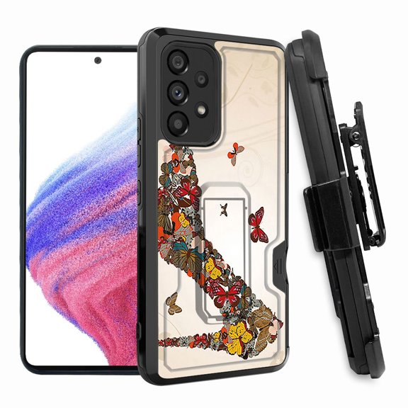 ANJ  Rugged Shockproof Hoster Case w/Card Slot, Kickstand   Tempered Glass Cover for Samsung Galaxy A33 5G - Butterfly Heel