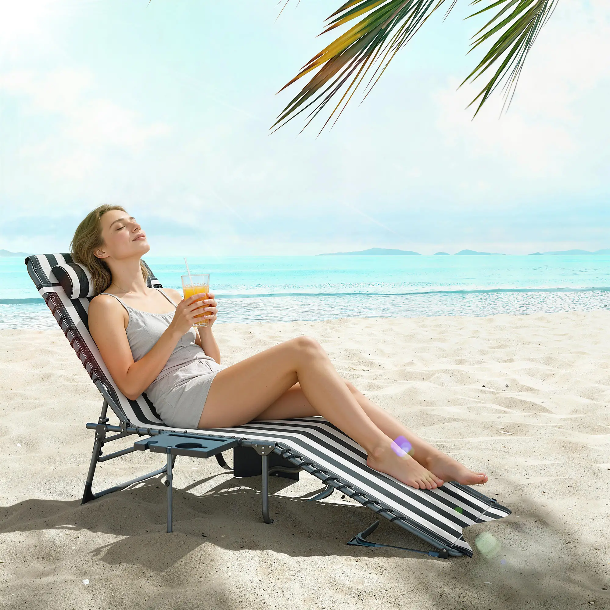 Outdoor Folding Sun Lounger 5-Position Adjustable Recliner with Padded Head Pillow, Side Pocket & Tray Table 600D Oxford Fabric Heavy-Duty Pool Beach Chair
