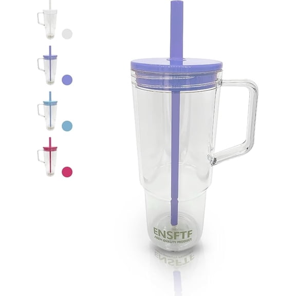 40 oz Insulated Clear Tumbler with Handle, Lid, and Straw — Reusable, Suitable for Hot & Cold Drinks, Double-Walled Plastic Water Bottle | Crystal Clear | Purple