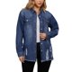 thumbnail image 1 of Chaqueta de mezclilla de mujer de gran tamaño con dobladillo deshilachado y botones, con bolsillos, color azul, 1 of 6