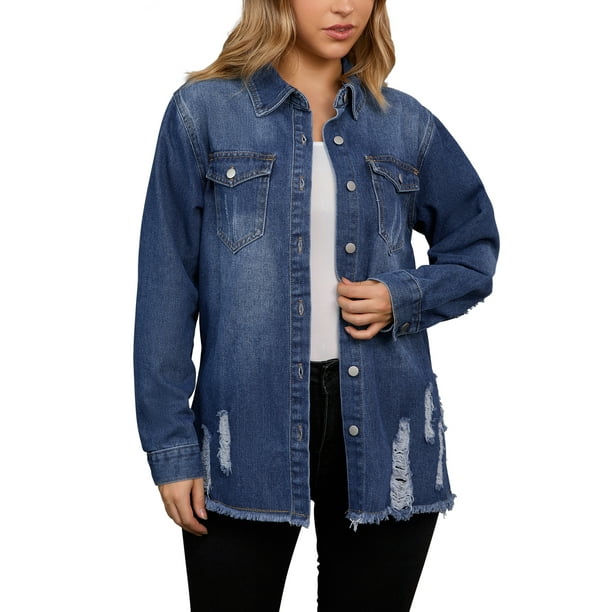 Chaqueta de mezclilla de mujer de gran tamaño con dobladillo deshilachado y botones, con bolsillos, color azul