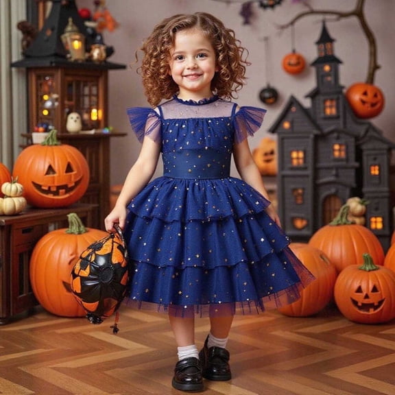Little Girl Easter Dresses Short Sleeved Small Floral Princess Style Dance Dresses for Girls Teens Elastic Waist for Holiday Party (Navy,4-5 Years)