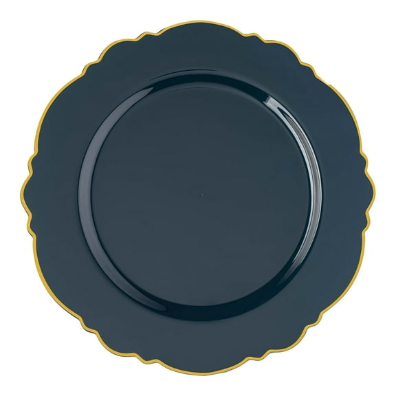 Smarty 10.25" Navy with Gold Rim Round Blossom Disposable Plastic Dinner Plates 120ct
