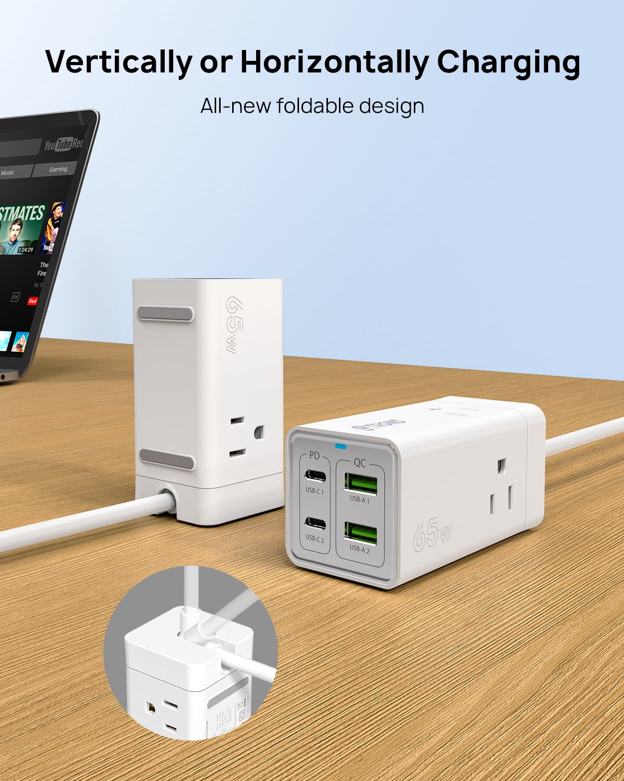 TROND USB C Charger Power Strip, Fast Charging Station, Desktop Fast Charger, 2 Type-C, 2 USB-A, 3 AC Outle, 65W GaN3 Fast Wall Charger Compatible with MacBook Laptops iPhone Samsung iPad White