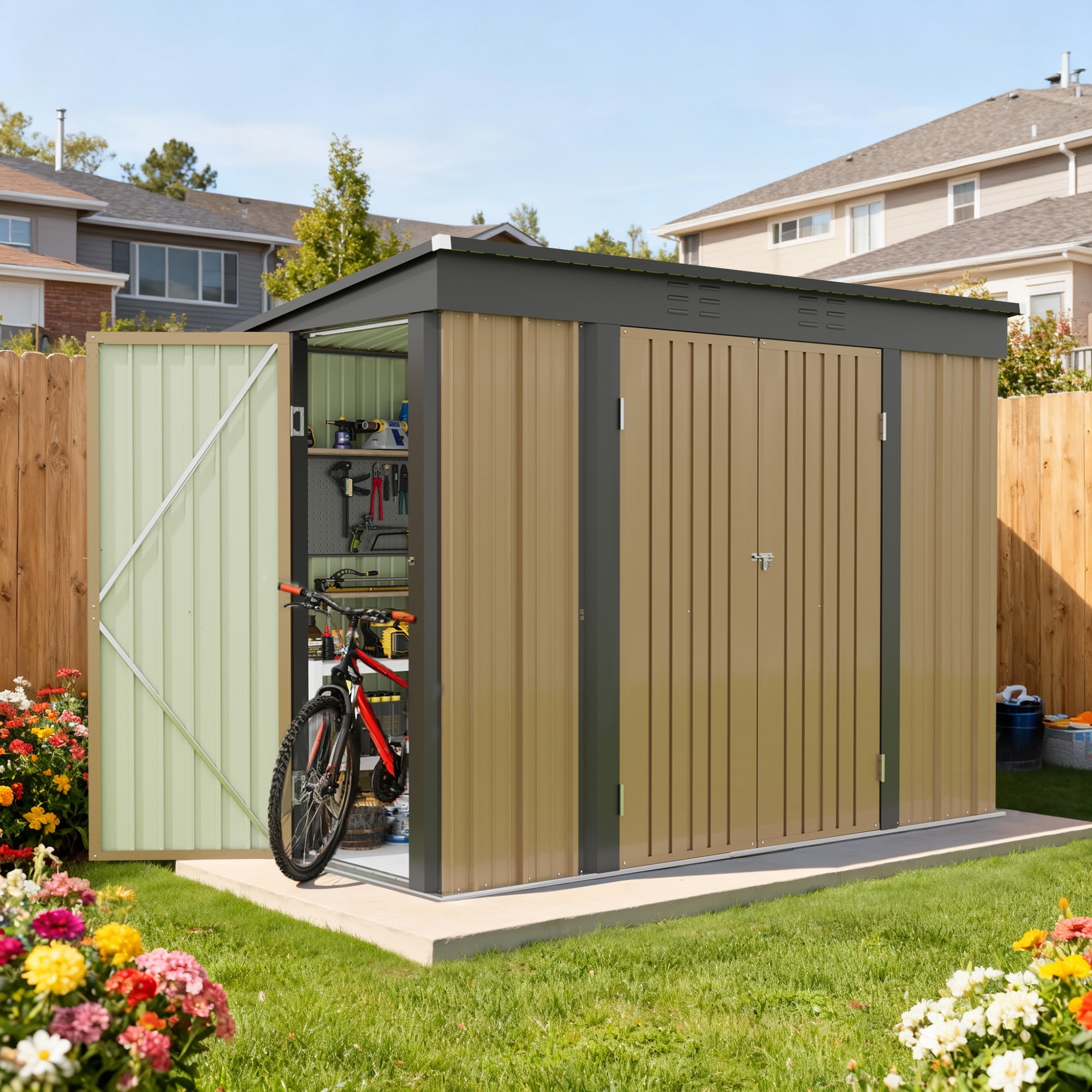 Patiowell 8x4FT Outdoor Metal Storage Shed with 3 Doors, Heavy-Duty Steel Garden Tool Shed, Brown Weather-Resistant Utility Cabinet for Patio, Yard