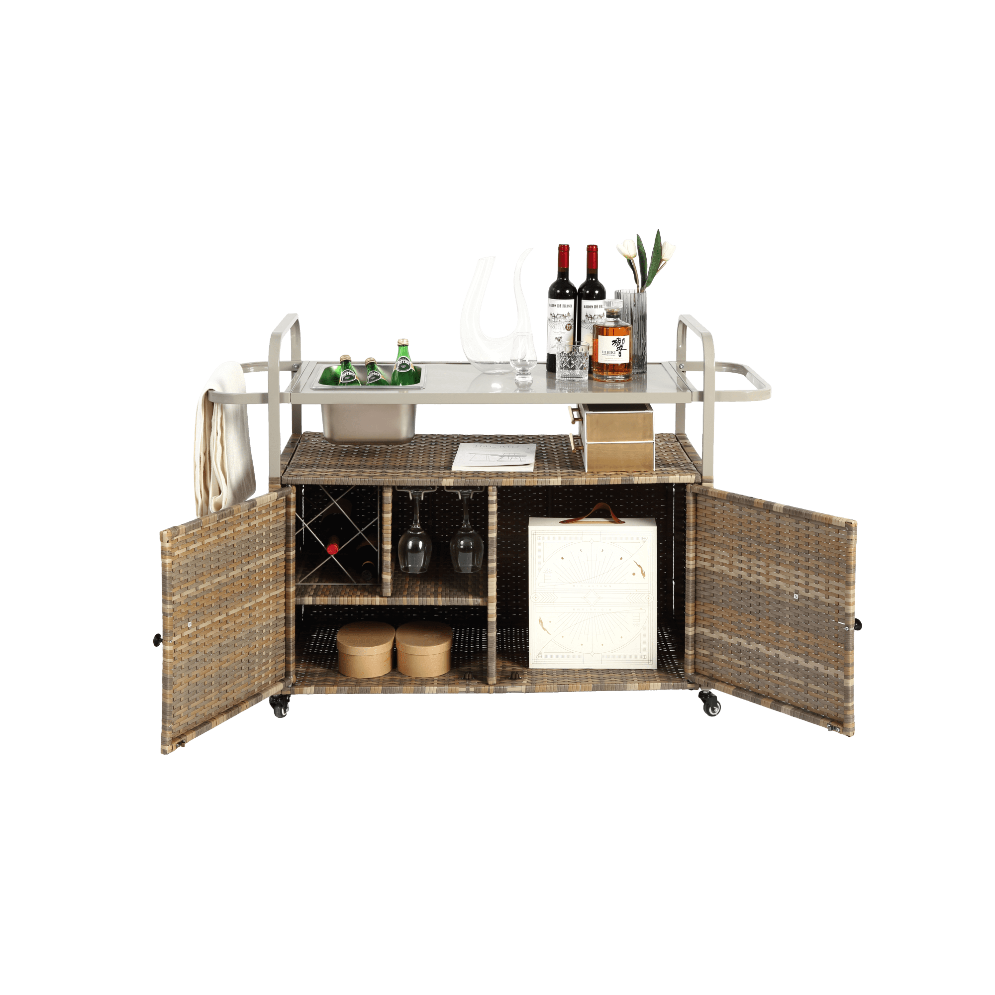 Outdoor Bar Cart,Wicker Bar Table Cart with Cabinet,Patio Serving Cart with Steel Top, Ice Bucket,Lockable Wheels, Side Basket for Garden, Poolside & Backyard,Beige