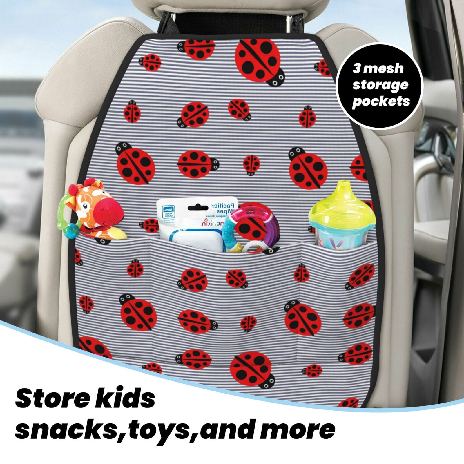Naloa Ladybug 2Pcs Anti-Kick Back Seat Cover Kick Mat, Car Seat Protector with 3 Storage Pockets