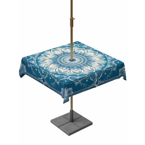 Outdoor Tablecloth with Umbrella Hole, Boho Retro Tribal Blue Floral Zippered Table Cloth for Rectangle Tables, Abstract Ethnic Theme Washable Waterproof Tablecloths for Picnic Patio Garden
