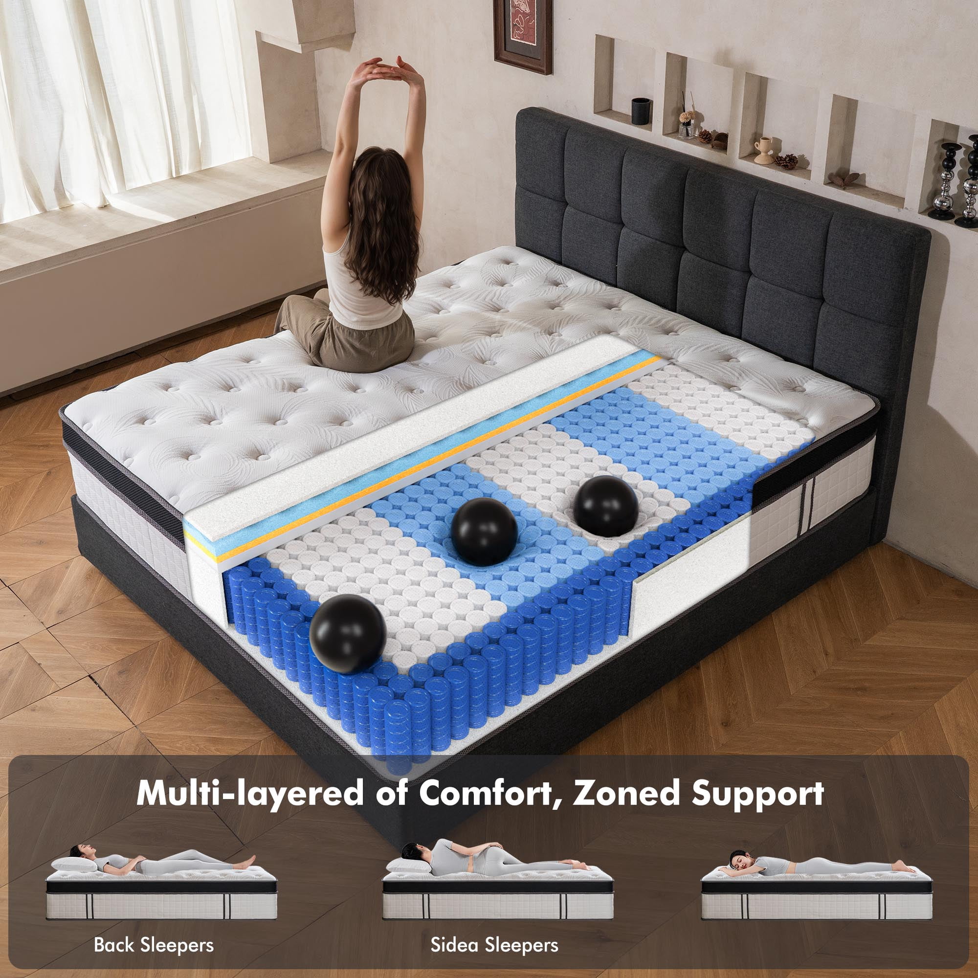 Queen Rose 14'' Full Size Mattress Hybrid Memory Foam Mattress, Medium Firm, Pressure Relief, Mattress in a Box
