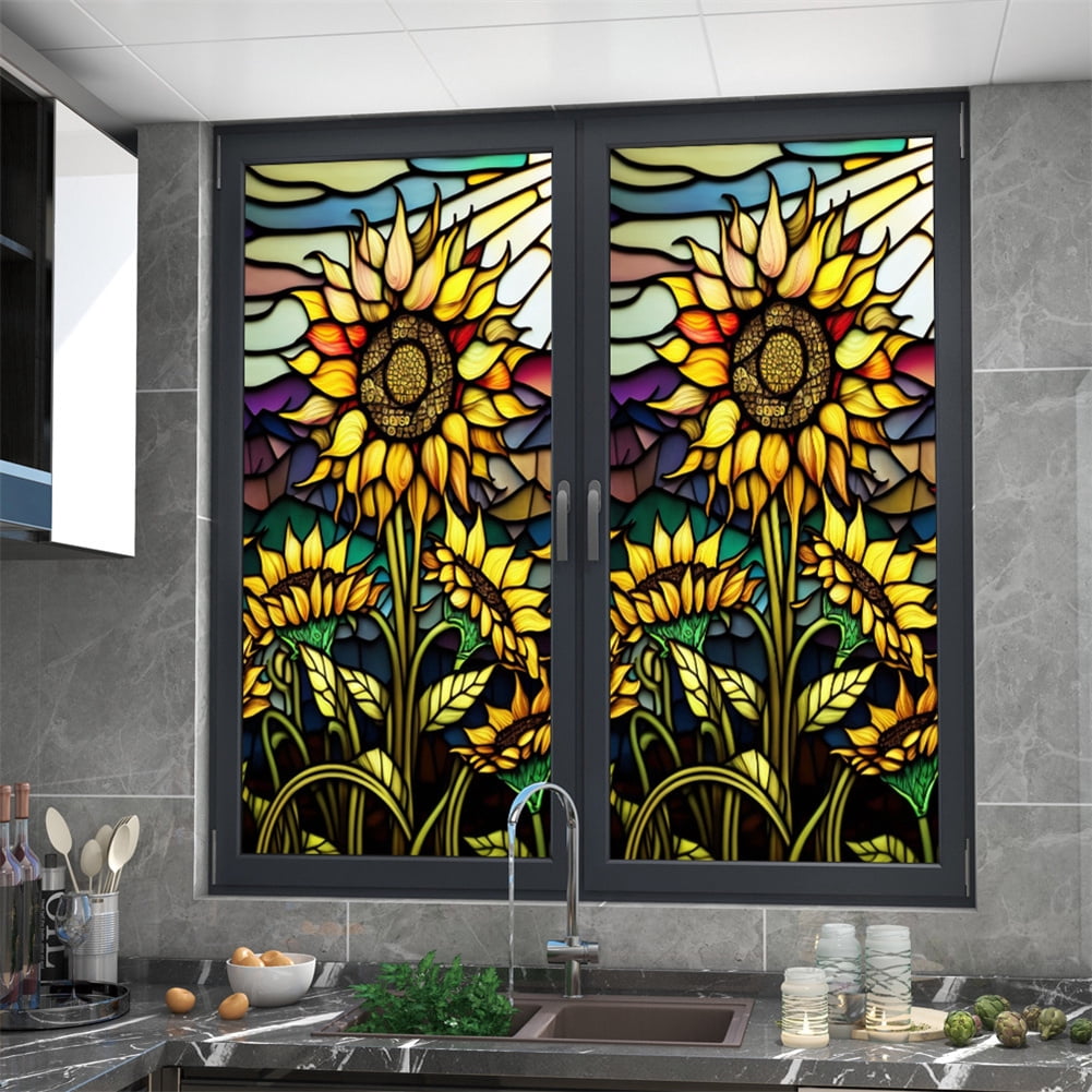 Sunflower Stained Glass Window Film Removable Uv Blocking Heat Insulation Privacy Window Film Decorative Static Cling