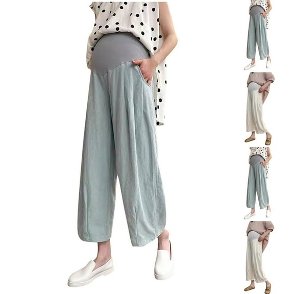 Hinvhai Wide Leg Maternity Yoga Capris Over the Belly Stretch Pregnancy Cropped Pants Blue XL(XL)
