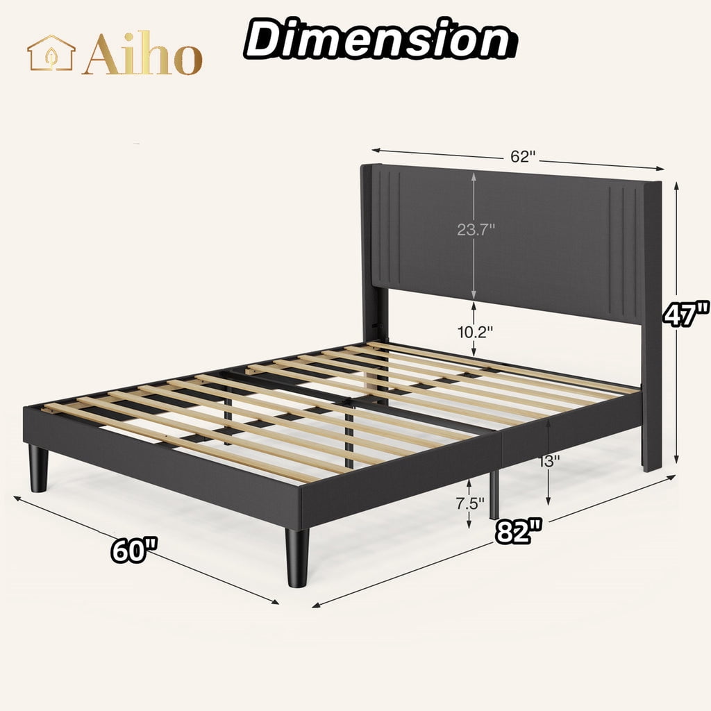 Upholstered Platform Bed, Aiho Queen Size Bed Frame with Modern Wingback Headboard & No Box Spring Needed, Perfect for Bedroom, Dark Gray