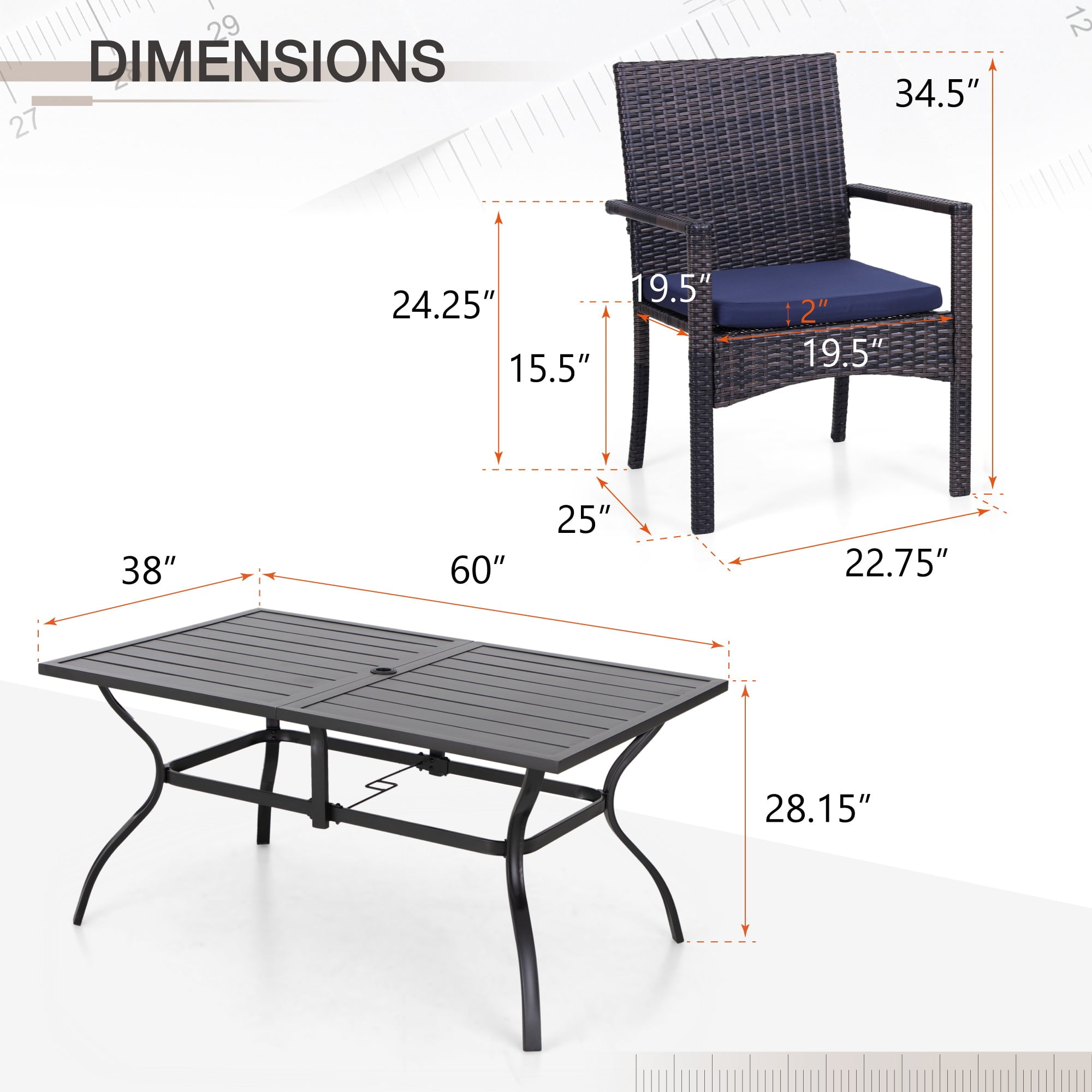 Alpha Joy 8 Pieces Outdoor Patio Dining Set with Cushioned Rattan Chairs, Metal Table & 13 ft Navy Umbrella for 6