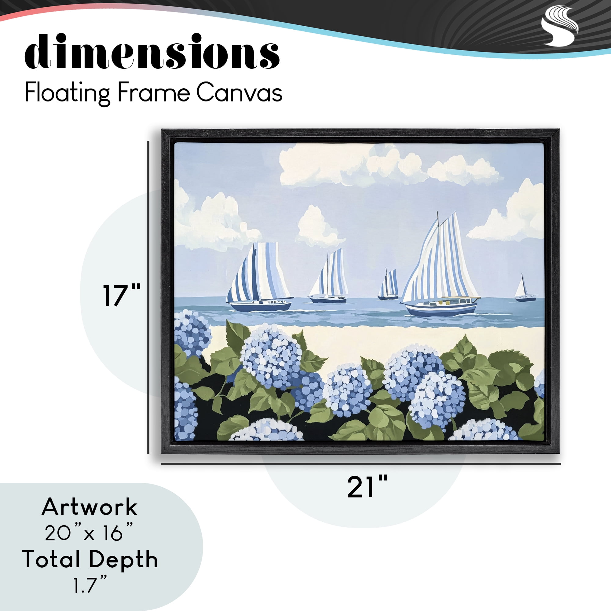 Stupell Industries Striped Sails & Seaside Hydrangeas Black Framed Floater Canvas Wall Art, design by Sisi and Seb