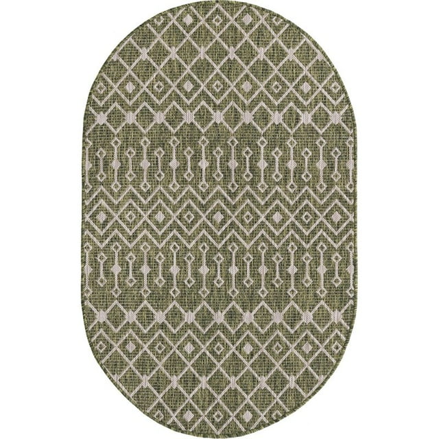 Unique Loom Outdoor Trellis Geometric Rug 3' 3 x 5' 3 Oval Green/Ivory
