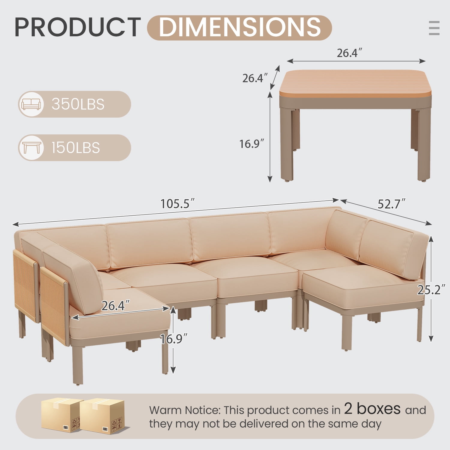Erinnyees 7 Pieces Patio Sectional Furniture Set, Aluminum Outdoor Conversation Set with 6" Thick Cushions & Coffee Table, All-Weather U-Shape Sectional Sofa for Poolside，Deck，Backyard, Light Beige
