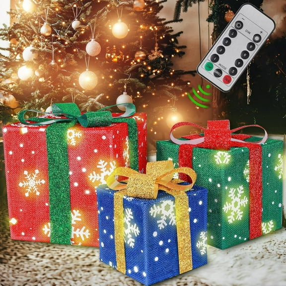EGNMCR Christmas Lighted Gift Boxes, LED Pre-lit Light up Present Boxes with Snowflake Ornaments, Christmas Tree Decorations Set of 3 Lighted Gift Boxes for Holiday Birthday Party Decorations
