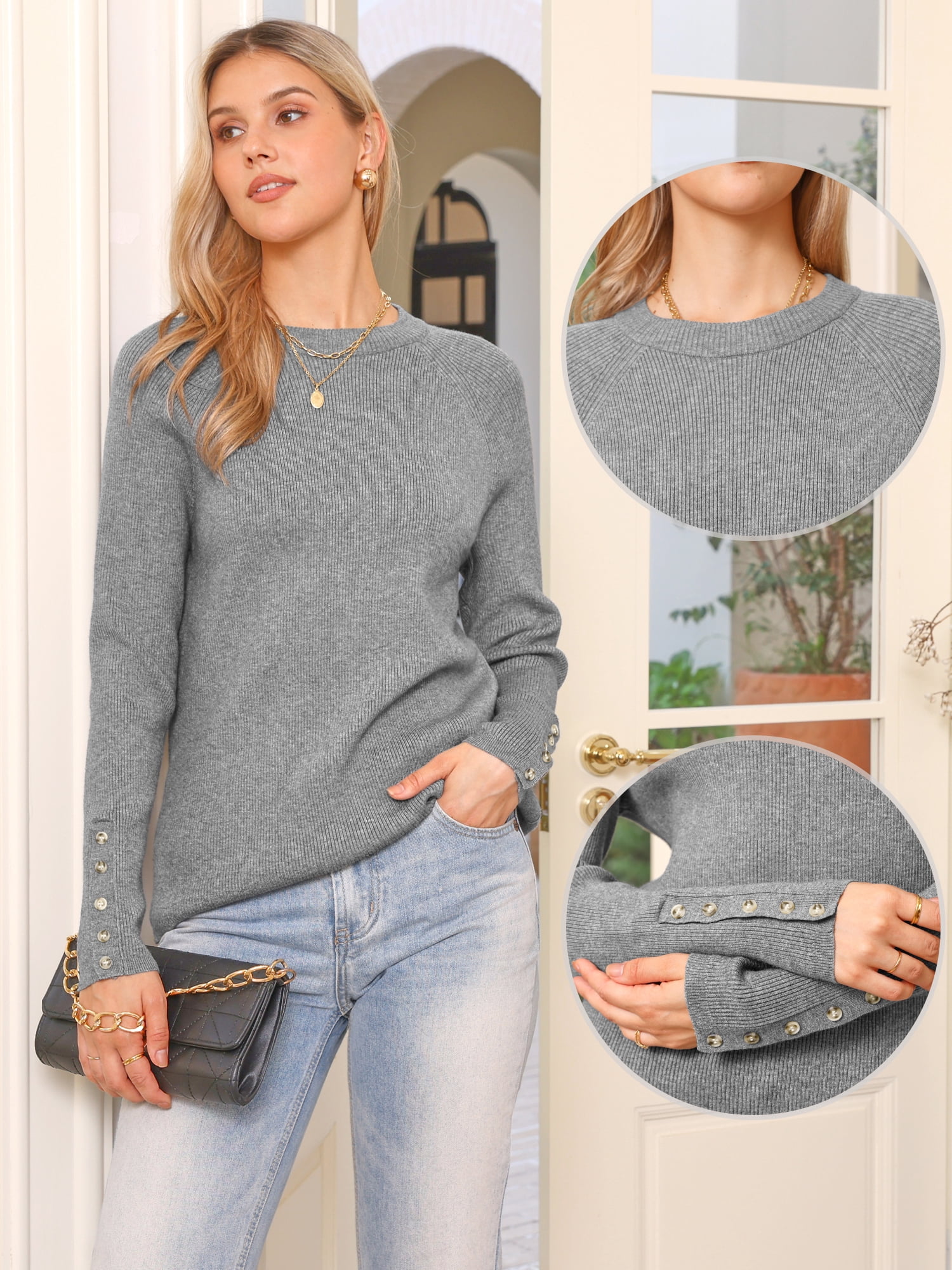 DARING DIVA Women's Spring Ribbed Knit Long Raglan Sleeves Sweater Tops XS Grey
