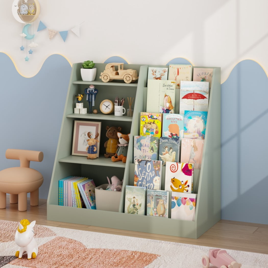 4-Tier Kids Bookshelf and Toy Storage Organizer, Wooden Children's Bookcase with Multi-Level Shelves & Toy Bin, Book Display Stand for Kids Room, Playroom & Nursery, Sage