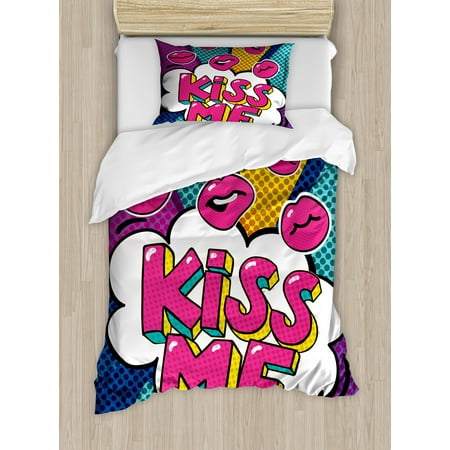 Kiss Duvet Cover Set, Kiss Me Word Bubble in Pop Art Style Retro Colorful Dotted Backdrop with Pink Lips, Decorative Bedding Set with Pillow Shams, Multicolor, by Ambesonne