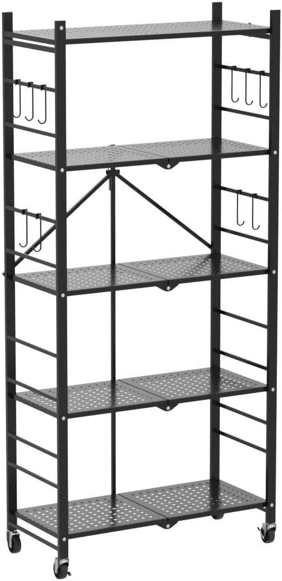 5-Tier Metal Storage Shelves with Wheels, Heavy Duty Foldable Garage Shelving Unit for Easy Organization, Ideal for Kitchen, Garage, and Basement, Black