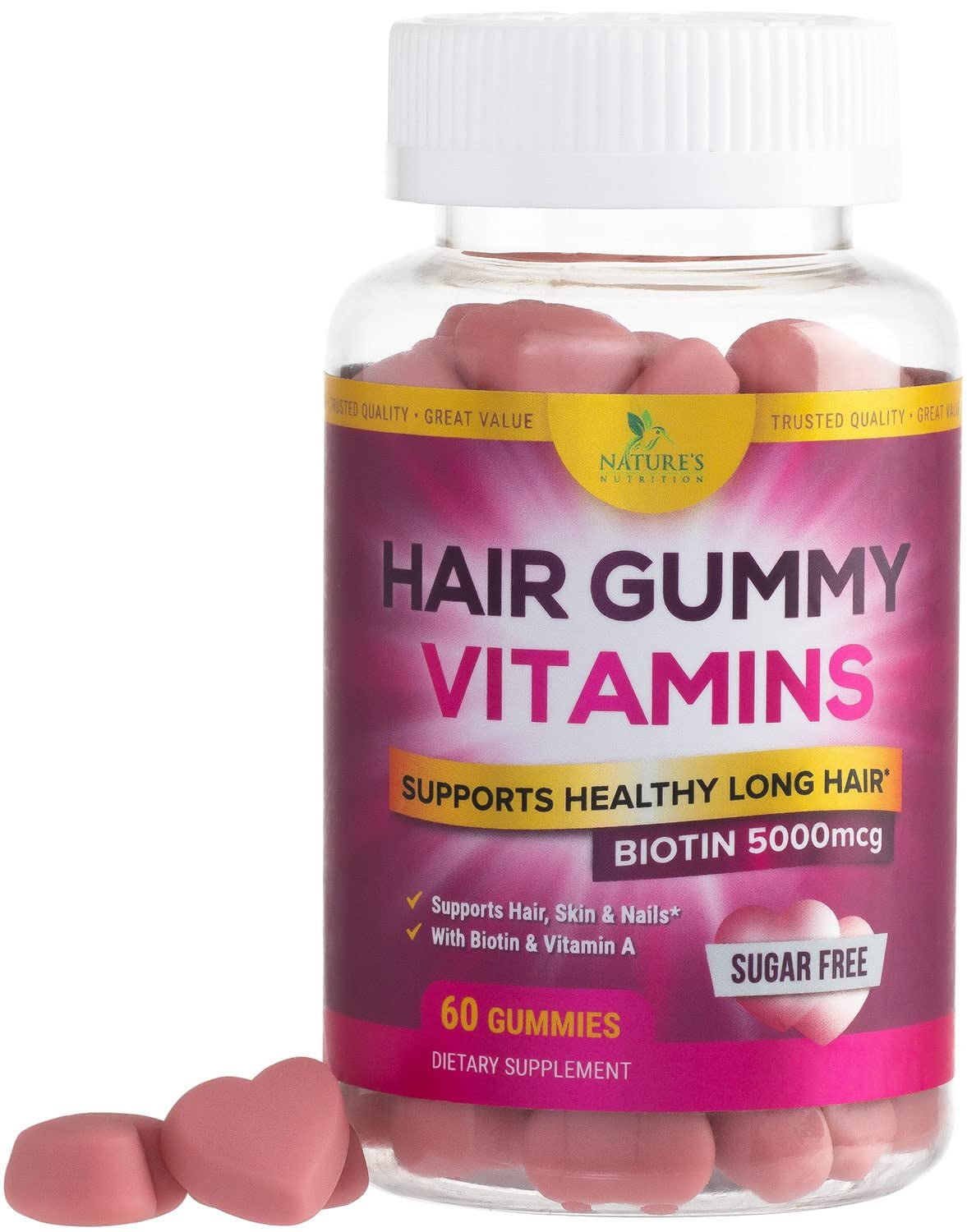 Nature's Nutrition Hair Gummy Vitamins, Sugar Free with Biotin 5000 mcg,  Supports Hair Growth, Vegetarian Friendly, Supports Strong Beautiful Hair  and Nails - 60 Gummies 