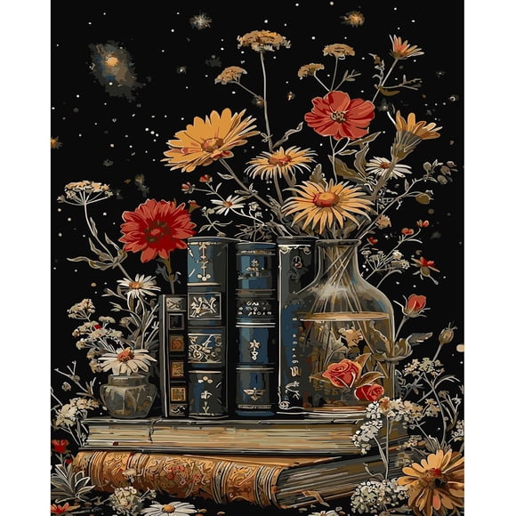 Paint by Numbers for Adults, Vintage Books and Flowers DIY Paint by Numbers Acrylic Paint Canvas, Painting Kits Art on Canvas for Home Wall Art 16x20 Inch(Without Frame)
