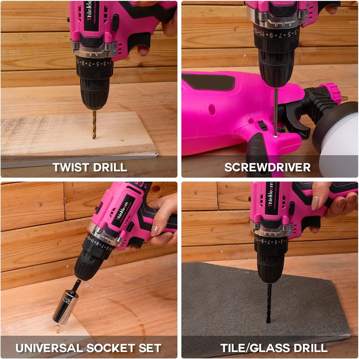 ThinkLearn Pink Cordless Drill Set, 20V Lithium-ion Power Drill Set for Women with 67Pcs Drill Driver Bits, 3/8"Keyless Chuck, 25+1 Position Electric Drill, 2.0Ah Battery, Fast Charger and Storage Bag