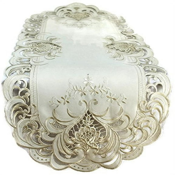 Doily Boutique Table Runner with Ivory Lace Insets on Ivory Fabric, Size 70 x 15 inches