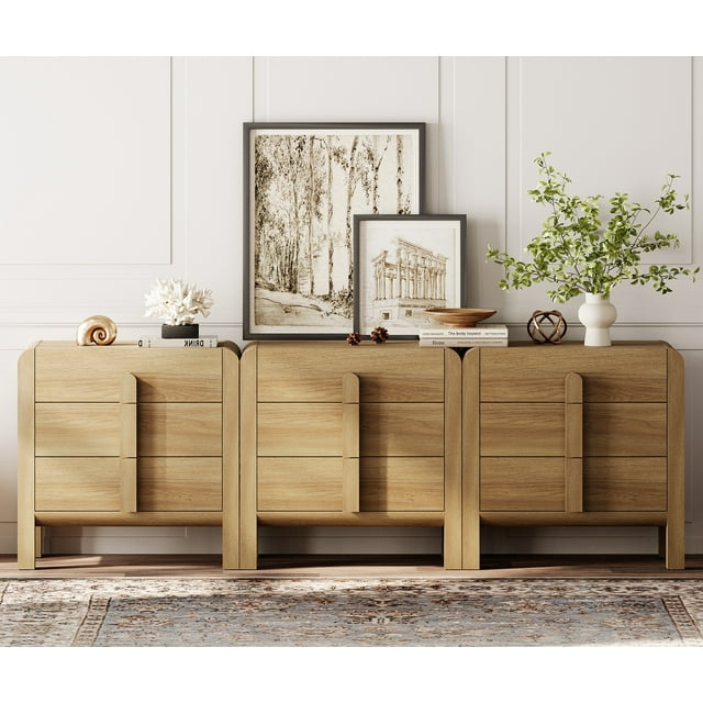 WAMPAT Commode à 9 Tiroirs pour Chambre, Commode 3-en-1 de 94,5 Pouces de Large Style Mi-Siècle Moderne, Commode en Bois avec Poignées Courbées, Meuble Télé, Rangement de Garde-Robe pour Chambre Ou Salon, Noyer Clair