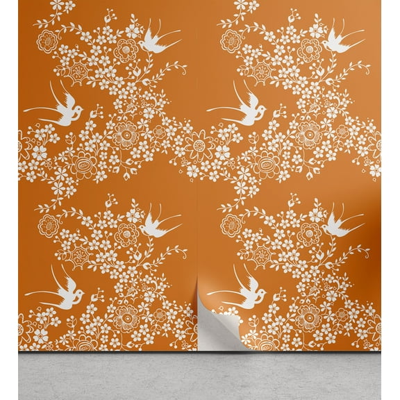 Ambesonne Orange Peel & Stick Wallpaper for Home, Japanese Tree Birds Art, 13"x72", Marigold White