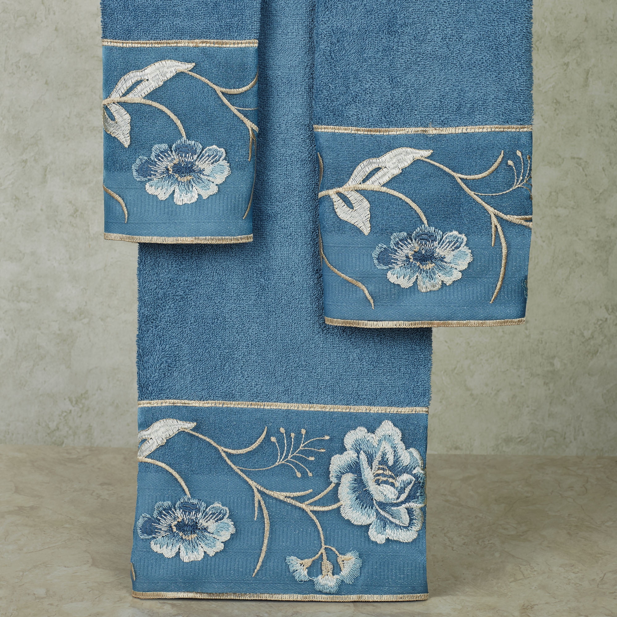 Dublin Rose Embroidered Floral Blue Cotton Bath Towel Set of 3 BHW