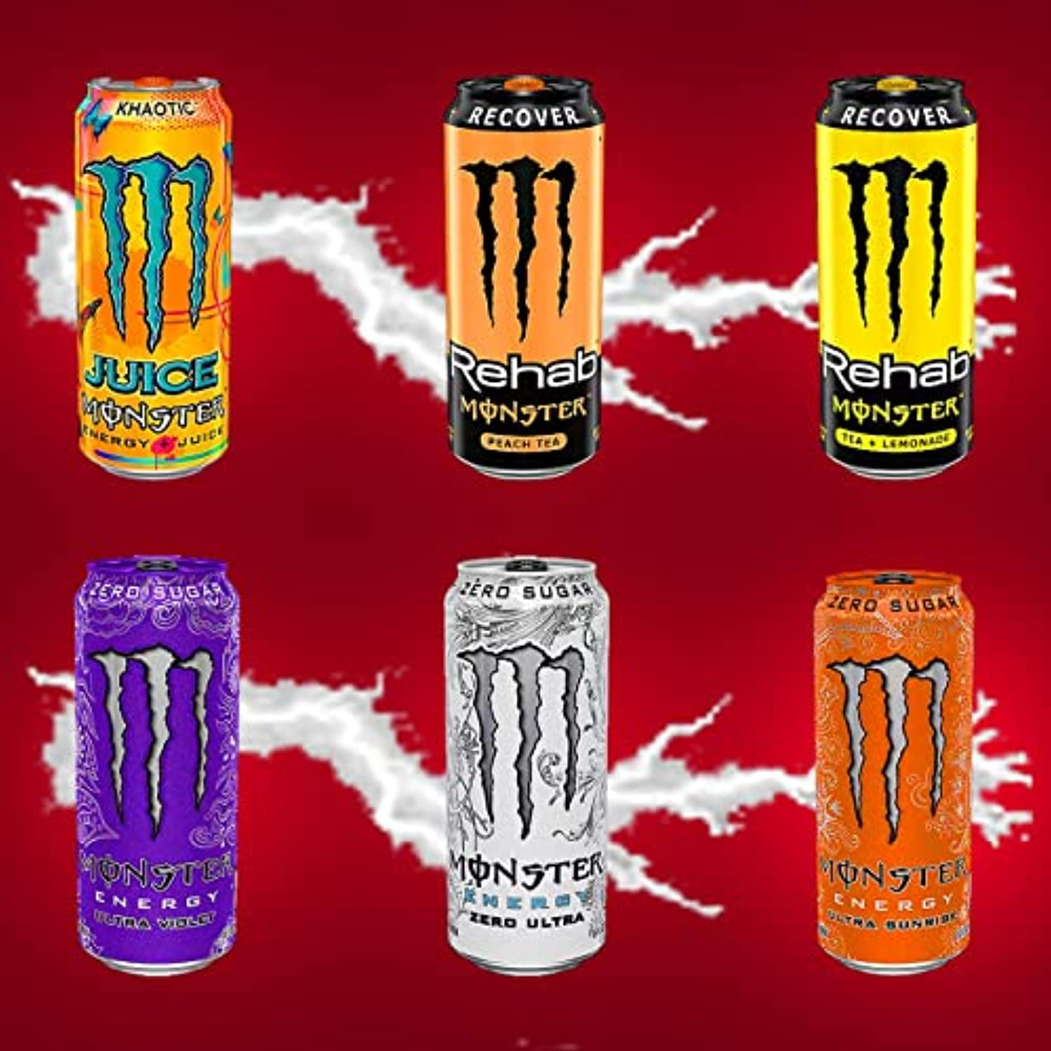Beeq Box Variety Energy Drinks , Monster Energy: Ultra Violet, Zero Ultra, Juice Khaotic, Ultra Sunrise, Peach Tea, Tea+Lemonade , Monster Energy Ultra Has 10 Calories And Zero Sugar But With All