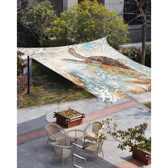 Sea Turtle Coastal Sun Shade Sail 14'x18' Rectangle Outdoor Shade Canopy, Nautical Starfish Botanical Ocean Porch Shades Outdoor Sun Blocking Screen, Sunshade Cloth Covers for Patio/Deck/Garden