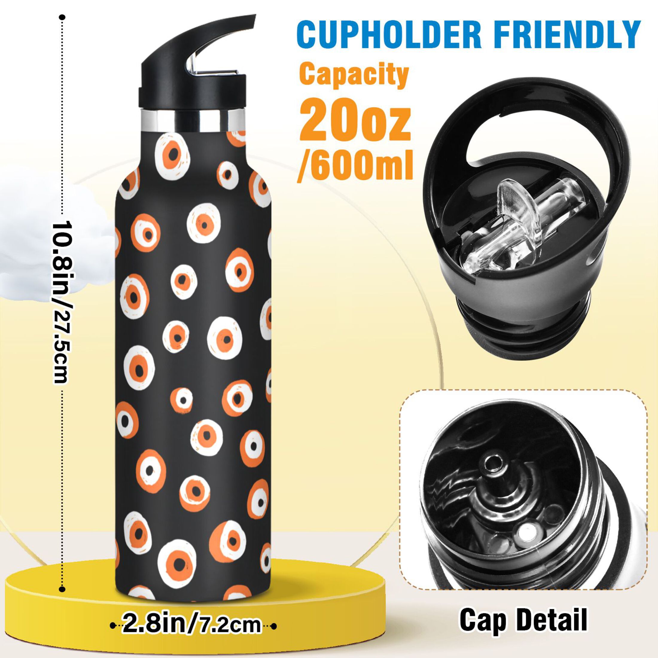 Kids Insulated Stainless Steel Sports Water Bottle 600ml (20oz) Small Eyeballs Pattern