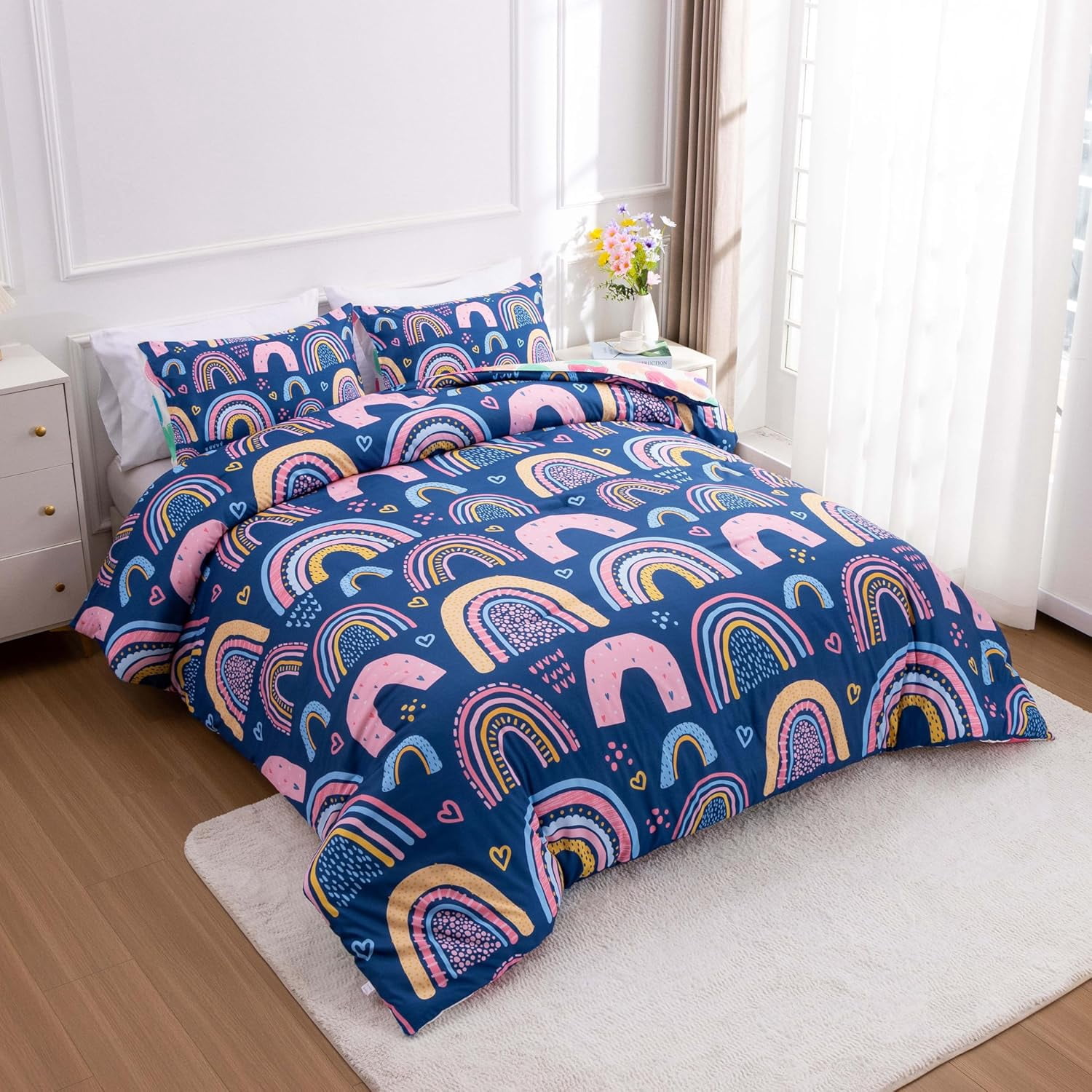 3 Piece Rainbow Comforter Set Cartoon Love Hearts Suns and Stars Bedding Set for Girls Boys Kids, Queen Dark Blue