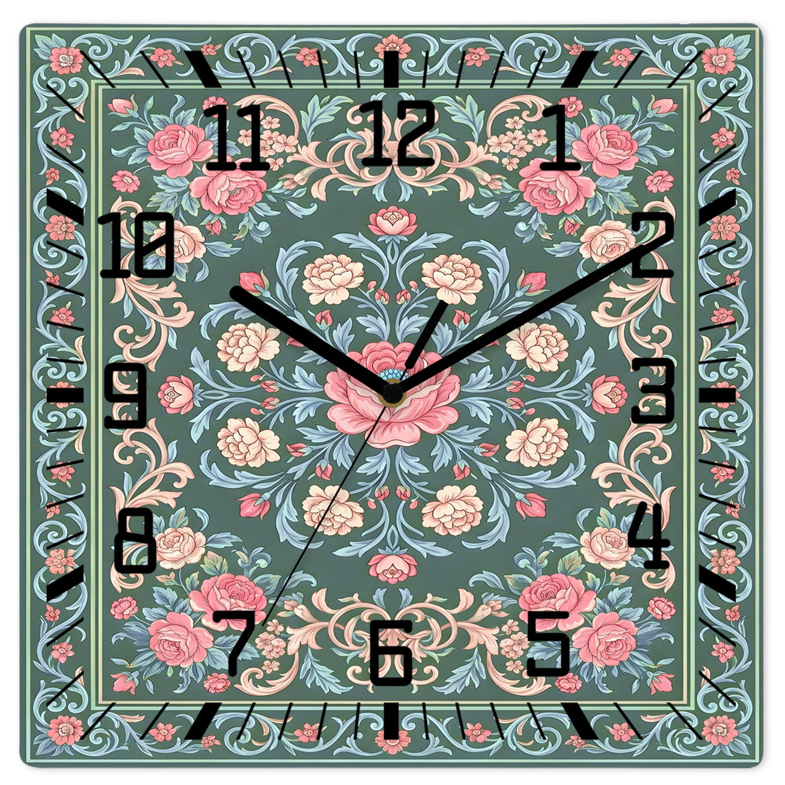 Wall Clock Pink Floral Bloom Operated Square Clocks Wooden Silent Non-Ticking Wallclock 12 Inch GRE额米 Vibrant Flower Vines Wood Wall Clock for Living Room Bedroom Office Shool Home Decor