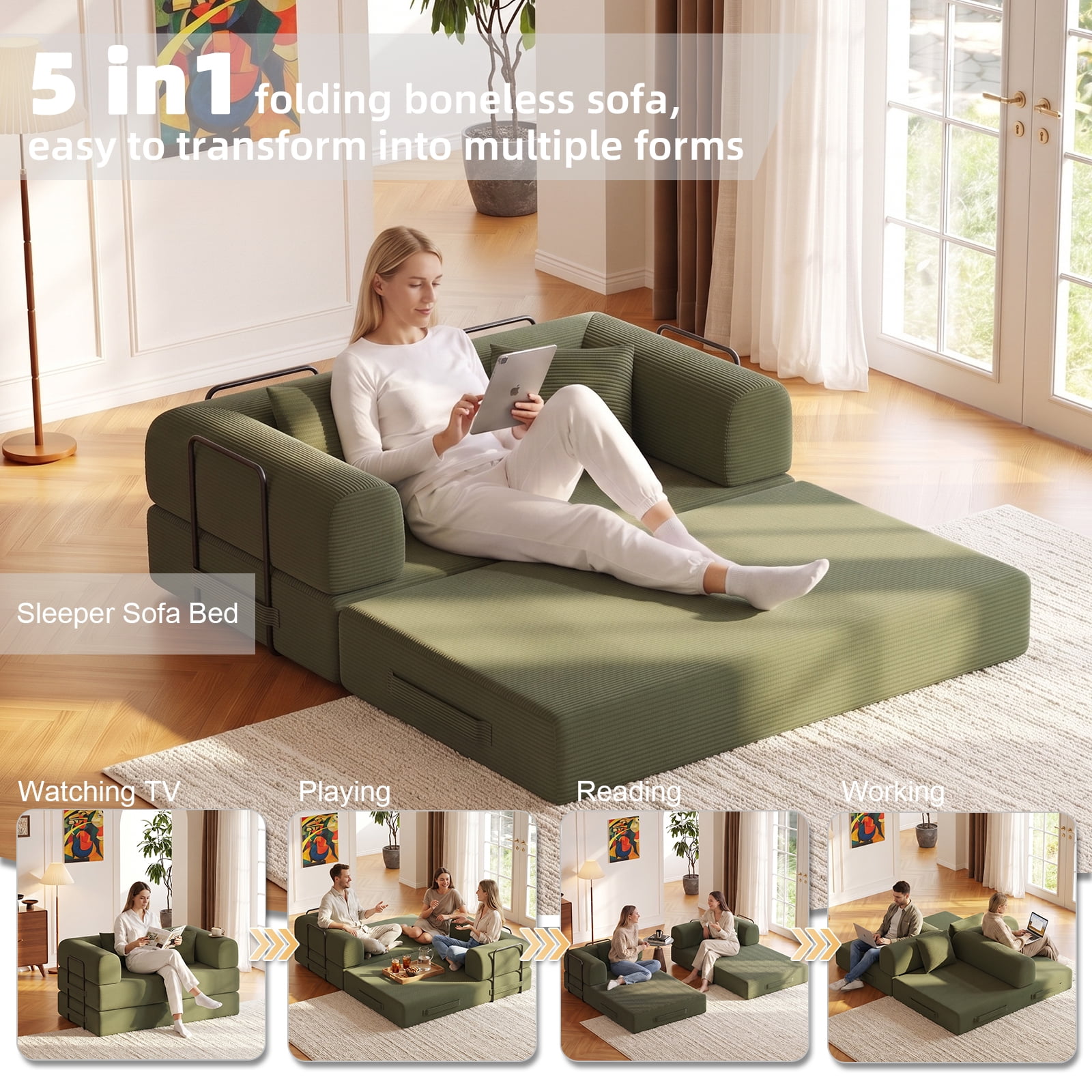 59in Convertible Sofa Bed Corduroy Boneless Couch Bed Foldable Sofa Bed Pull Out Bed Futon Sleeper Sofa No Assembly