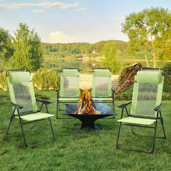 Outsunny Set of 4 Folding Patio Chairs, Camping Chairs with Adjustable Sling Back, Removable Headrest, Armrest for Garden, Backyard, Lawn, Green