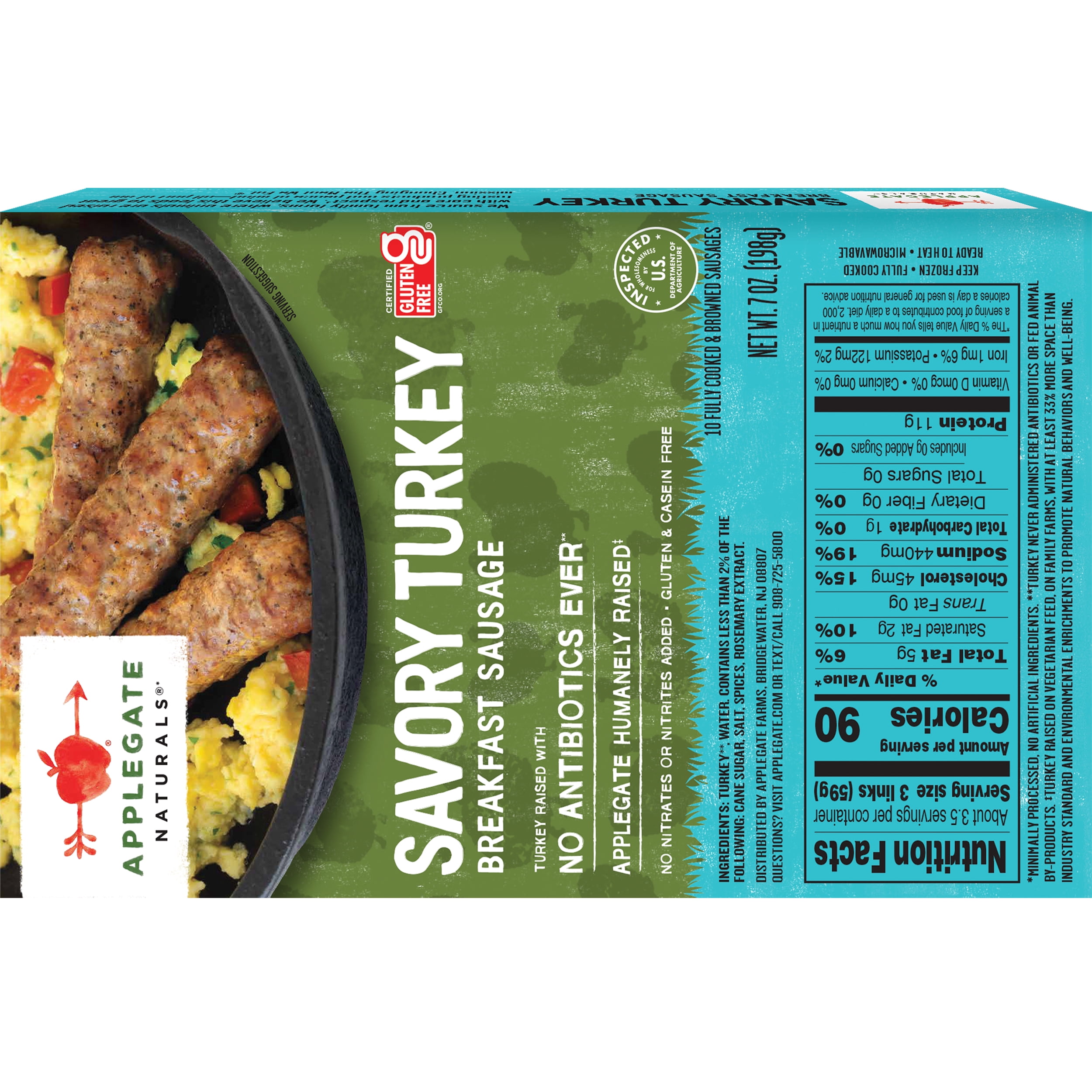Applegate Natural Savory Turkey Breakfast Sausage, 7oz, 10 CT Box (Frozen)