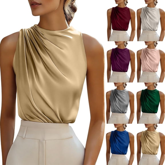 XUNKUSGA Blouses for Women Classic Solid Color Sleeveless Smock Neck Atin Tops for Women Fashion Side Wrap Ruched Women's Tops Business Casual Work Tops S-2XL White