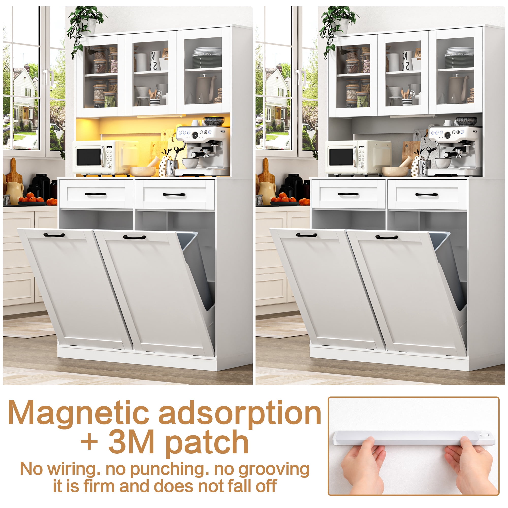 ANPOO 72.1"H Kitchen Pantry Storage Cabinet with Power Outlets & LED light, Kitchen Double Tilt Out Trash Cabinet 13X2 Gallon Garbage Holder with Two Drawers, Freestand Laundry Sort Cabinets