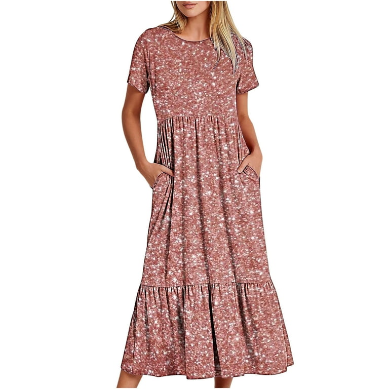 Blmnix Dresses for Women Carnival Fit & Flare Sparkly Dresses Under Dress  Pink Crew Neck Short Sleeve Western Dress for Women,L - Walmart.com