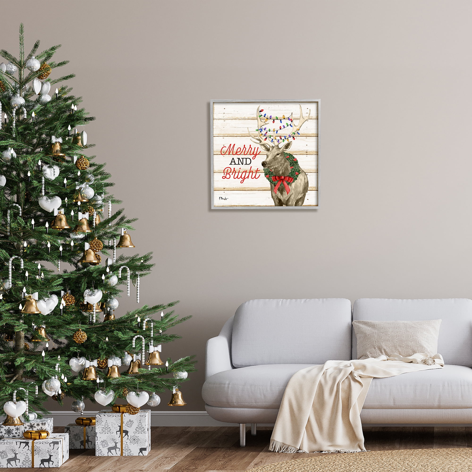 Stupell Industries Merry & Bright Deer Holiday Painting Gray Framed Art Print Wall Art, 24 x 24