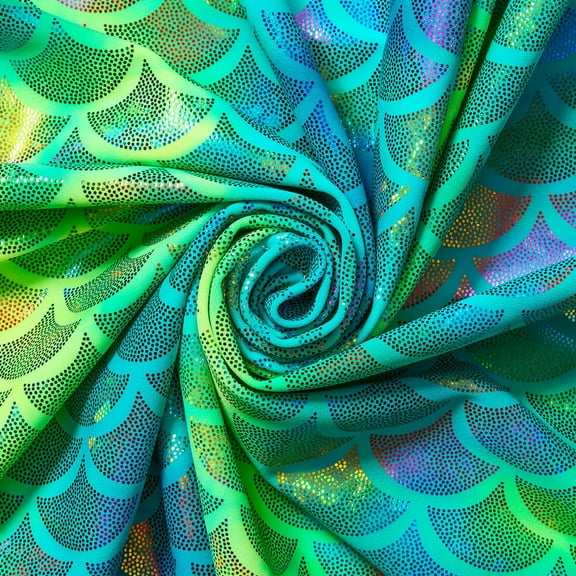 Mermaid Scale Hologram Tricot Foil Fabric - Green Teal Shiny Stretchy 60" By The Yard