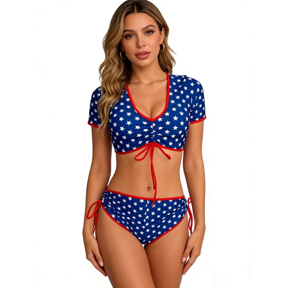 Womens American Flag Bikini Short Sleeve Drawstring Crop Top High Waisted Boyshorts 2 Piece Swimsuits (Small, Red White and Blue)