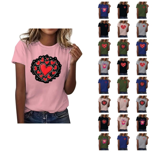 T-shirts de la Saint-Valentin pour Femmes 2026 Mode Manches Courtes Col Rond Cœur Graphique
