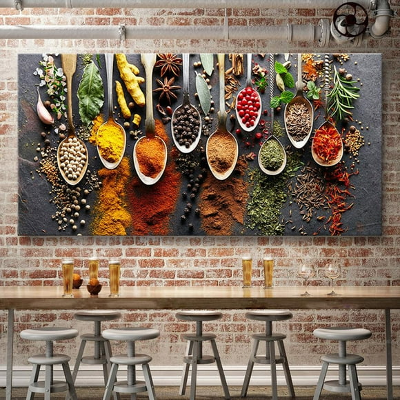 Kitchen Wall Art, EDHITNR Frameless Modern Spice Mural Painting, 5D Visual Canvas Wall Decoration for Living Room Bedroom