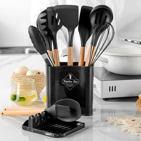 

Silicone utensils set of 12 pieces with non-slips storage bucket